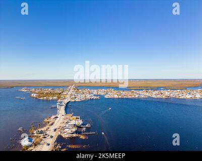 Aerial drone inspection photo Matlacha Florida Hurricane Ian aftermath damage and debris from flooding and storm surge Circa October 2022 Stock Photo