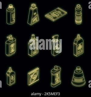 Bleach icons set. Isometric set of bleach vector icons neon color on black Stock Vector