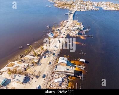 Aerial drone inspection photo Matlacha Florida Hurricane Ian aftermath damage and debris from flooding and storm surge Circa October 2022 Stock Photo