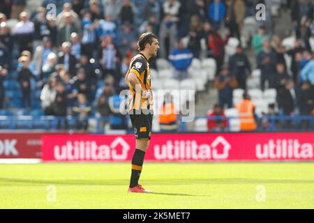 Jacob Greaves #4 of Hull City looking dejected after the Sky Bet Championship match Huddersfield Town vs Hull City at John Smith's Stadium, Huddersfield, United Kingdom, 9th October 2022  (Photo by Ben Early/News Images) Stock Photo