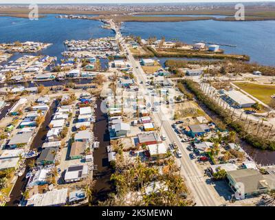 Aerial drone inspection photo Matlacha Florida Hurricane Ian aftermath damage and debris from flooding and storm surge Circa October 2022 Stock Photo