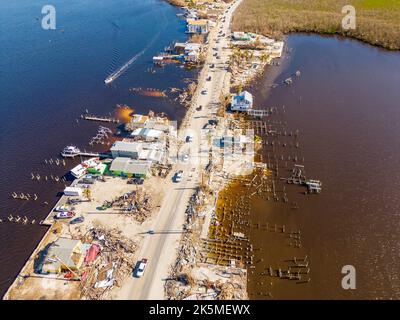 Aerial drone inspection photo Matlacha Florida Hurricane Ian aftermath damage and debris from flooding and storm surge Circa October 2022 Stock Photo