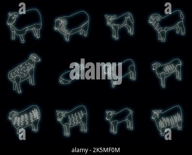 Sheep icons set. Isometric set of sheep vector icons neon color on black Stock Vector