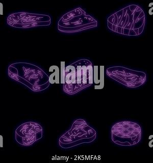 Steak icons set. Isometric set of steak vector icons neon color on black Stock Vector