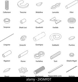 Fusilli pasta icons set. Isometric set of fusilli pasta vector icons outline thin lne isolated on white Stock Vector