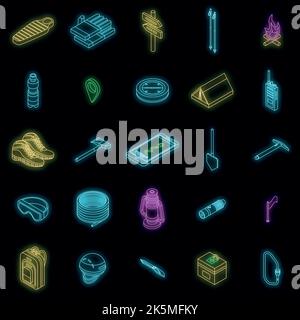 Mountaineering equipment icons set. Isometric set of mountaineering equipment vector icons neon color on black Stock Vector