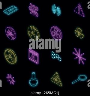 Radiation icons set. Isometric set of radiation vector icons neon color on black Stock Vector