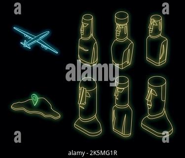 Easter Island icons set. Isometric set of Easter Island vector icons neon color on black Stock Vector