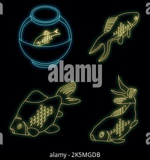 Goldfish icons set. Isometric set of goldfish vector icons neon color on black Stock Vector