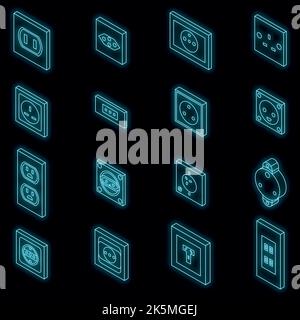 Power socket icons set. Isometric set of power socket vector icons neon color on black Stock Vector