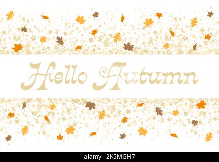 A gold glitter confetti border, with fall leaves and Hello Autumn text on white Stock Vector