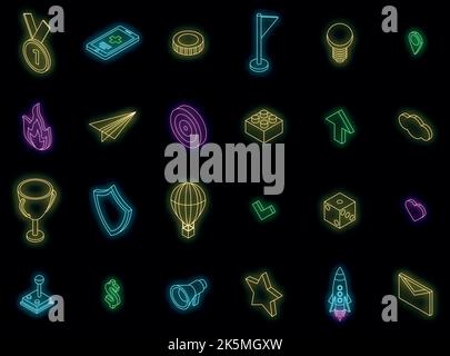 Gamification icons set. Isometric set of gamification vector icons neon color on black Stock Vector