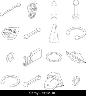 Piercing icons set. Isometric set of piercing vector icons outline thin lne isolated on white Stock Vector