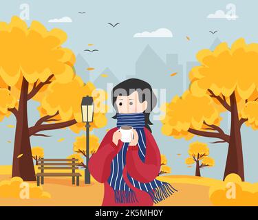 Print with a girl in a city park. Autumn Walk. Trees with yellow foliage, city, bench and lantern. Vector drawing. Stock Vector