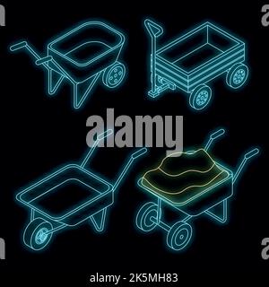 Wheelbarrow icons set. Isometric set of wheelbarrow vector icons neon color on black Stock Vector