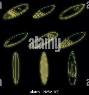 Surfboard icons set. Isometric set of surfboard vector icons neon color on black Stock Vector