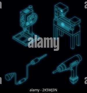 Drilling machine icons set. Isometric set of drilling machine vector icons neon color on black Stock Vector