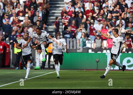 October 9th 2022: London Stadium, London, England; Premier League football West Ham versus Fulham; Andreas Pereira of Fulham celebrates his goal in the 5th minute for 0-1. Stock Photo