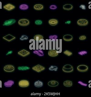 Burger icons set. Isometric set of burger vector icons neon color on black Stock Vector