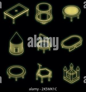 Trampoline icons set. Isometric set of trampoline vector icons neon color on black Stock Vector