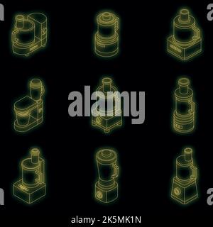 Food processor icons set. Isometric set of food processor vector icons neon color on black Stock Vector