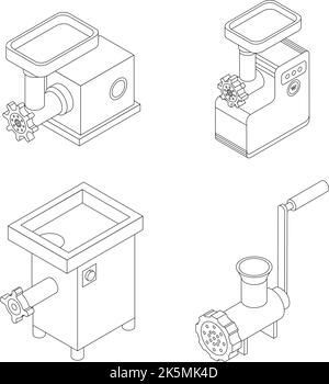 Meat grinder icons set. Isometric set of meat grinder vector icons outline thin lne isolated on white Stock Vector