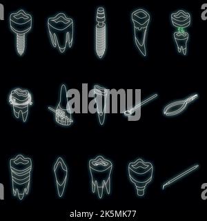 Tooth restoration icons set. Isometric set of tooth restoration vector icons neon color on black Stock Vector