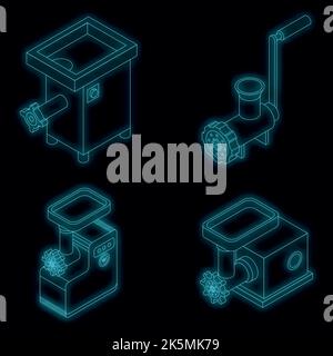 Meat grinder icons set. Isometric set of meat grinder vector icons neon color on black Stock Vector