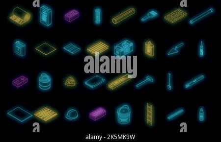 Construction materials icons set. Isometric set of construction materials vector icons neon color on black Stock Vector