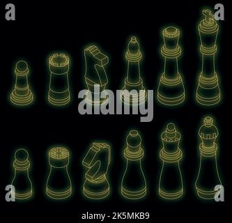 Chess icons set. Isometric set of chess vector icons neon color on black Stock Vector