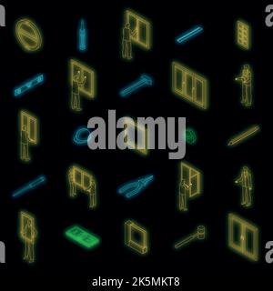 Window installation icons set. Isometric set of window installation vector icons neon color on black Stock Vector