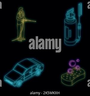 Car wash icons set. Isometric set of car wash vector icons neon color on black Stock Vector