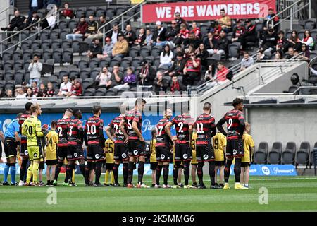 Sydney, Australia. 8th October 2022 : CommBank Stadium, Sydney, Australia; A-League football Western Sydney Wanderers versus Perth FC; the Wanderers line up before kick off Credit: Action Plus Sports Images/Alamy Live News Stock Photo