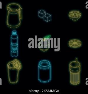 Lemonade icons set. Isometric set of lemonade vector icons neon color on black Stock Vector