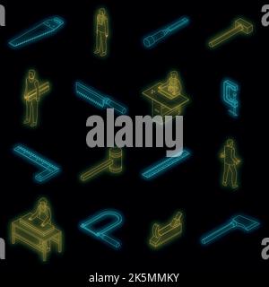Carpenter icons set. Isometric set of carpenter vector icons neon color on black Stock Vector