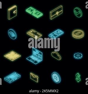 Digital wallet icons set. Isometric set of digital wallet vector icons neon color on black Stock Vector