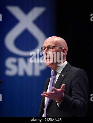 Deputy First Minister John Swinney during his speech at the SNP conference at The Event Complex Aberdeen (TECA) in Aberdeen , Scotland. Picture date: Sunday October 9, 2022. Stock Photo