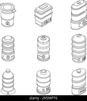Steamer icons set. Isometric set of steamer vector icons outline thin lne isolated on white Stock Vector
