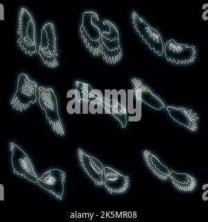 Wings icons set. Isometric set of wings vector icons neon color on black Stock Vector