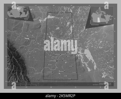 Saskatchewan, province of Canada. Grayscale elevation map with lakes