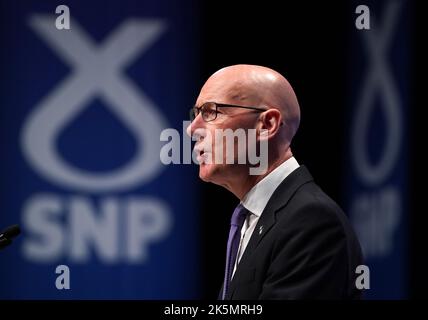 Deputy First Minister John Swinney during his speech at the SNP conference at The Event Complex Aberdeen (TECA) in Aberdeen , Scotland. Picture date: Sunday October 9, 2022. Stock Photo