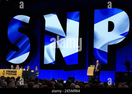 Deputy First Minister John Swinney during his speech at the SNP conference at The Event Complex Aberdeen (TECA) in Aberdeen , Scotland. Picture date: Sunday October 9, 2022. Stock Photo