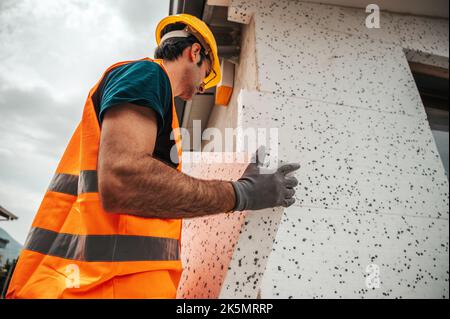 Polystyrene thermal cladding for energy saving on a construction site Stock Photo