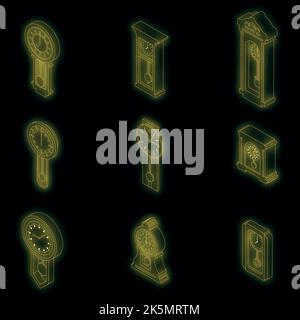 Pendulum clock icons set. Isometric set of pendulum clock vector icons neon color on black Stock Vector