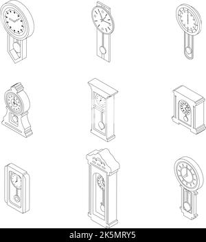 Pendulum clock icons set. Isometric set of pendulum clock vector icons outline thin lne isolated on white Stock Vector