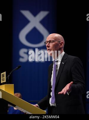 Deputy First Minister John Swinney during his speech at the SNP conference at The Event Complex Aberdeen (TECA) in Aberdeen , Scotland. Picture date: Sunday October 9, 2022. Stock Photo