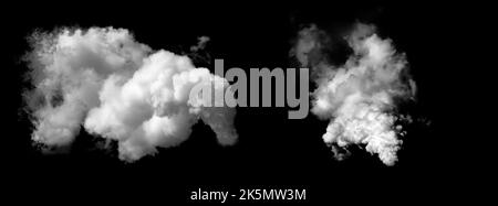 Light flowing smoke isolated on black background. Clouds on dark backdrop. Exploding white powder. Wide realistic illustration Stock Photo