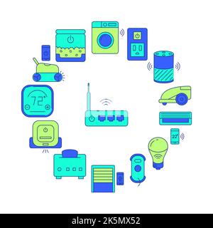 Internet of things round concept poster template in colored line style. Banner with home automation symbols. Vector illustration. Stock Vector