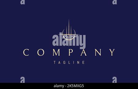 Vector golden logo on which an abstract image of a shining lunar city made of rays of light. Stock Vector