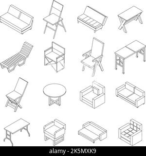 Folding furniture icons set. Isometric set of folding furniture vector icons outline thin lne isolated on white Stock Vector